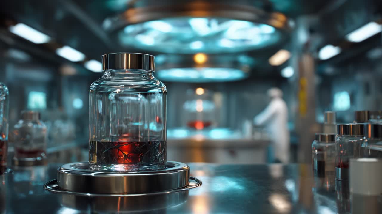 A Transparent Laboratory Jar Displaying a Mysterious Fluid in a Modern Research Facility with Scientific Equipment and Personnel in the Background