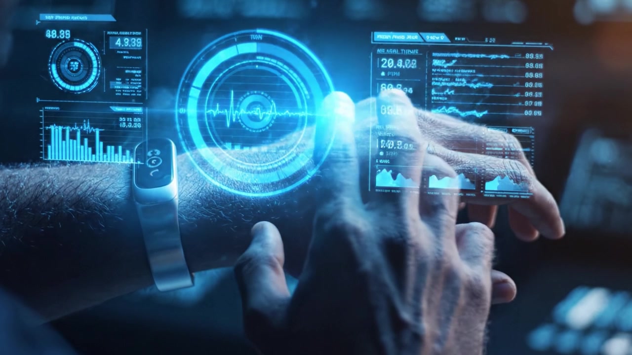 A Futuristic Smart Wearable on a Hand Displaying Advanced Data Analytics and Visualizations in a High-Tech Control Environment