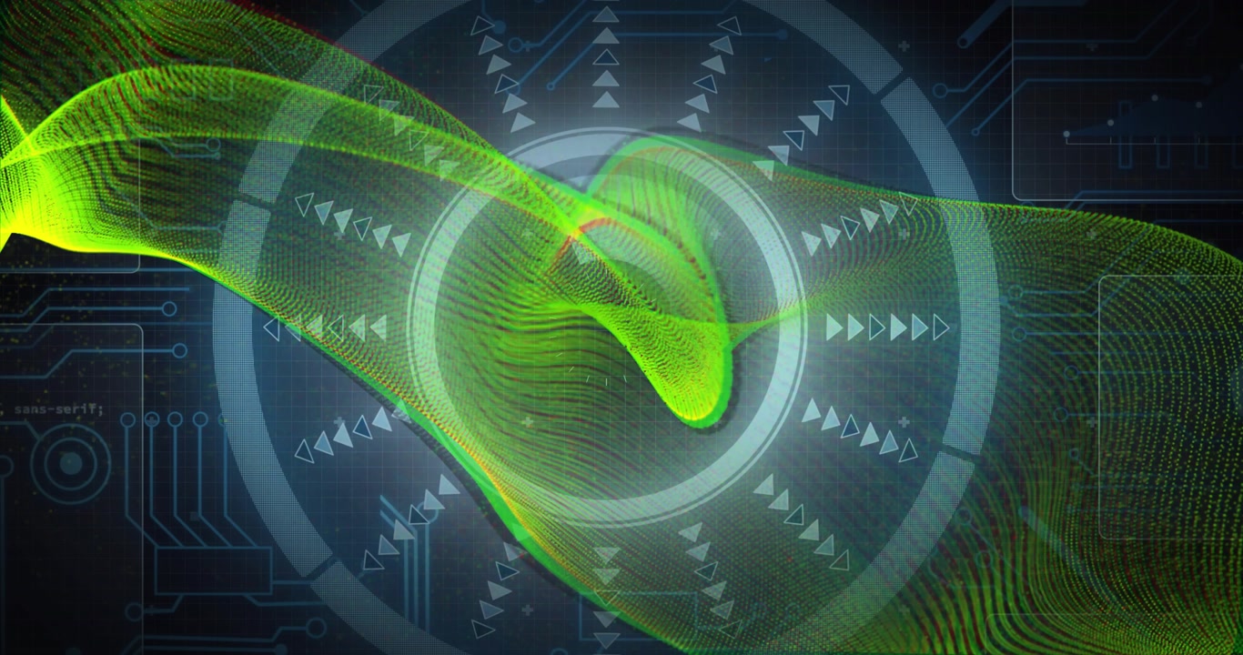 Neon-green mesh ribbon entering from top-left, flowing over central hub, revealing concentric rings
