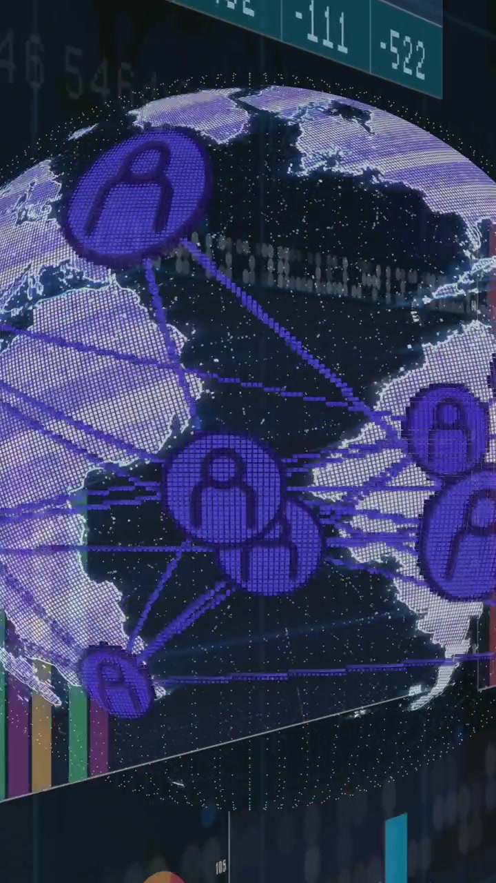Animazione di connessioni di rete globali su grafici e diagrammi di dati finanziari