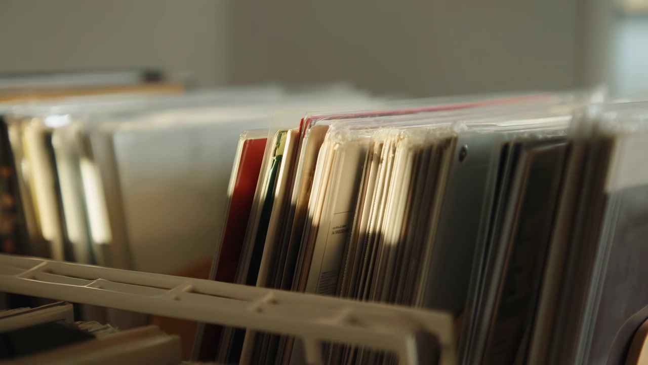Close view moves gently past tightly arranged vinyl records in clear protective sleeves, with golden light catching worn paper edges and a white rack crossing the foreground.