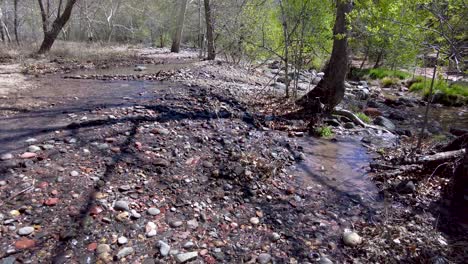 Pan-across-winter-runoff-along-the-oak-creek,-Sedona,-Arizona