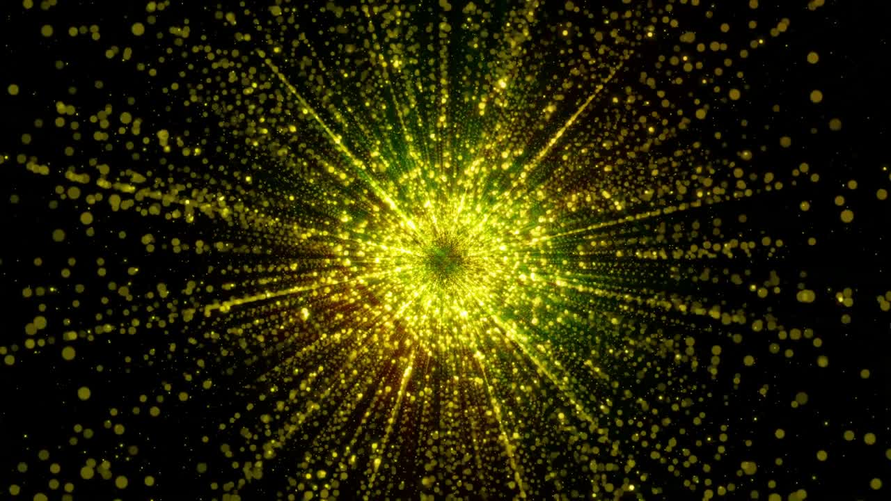 가상 공간의 중심에 모이는 추상적인 입자, 입자의 밝은 빛의 터널, 루프