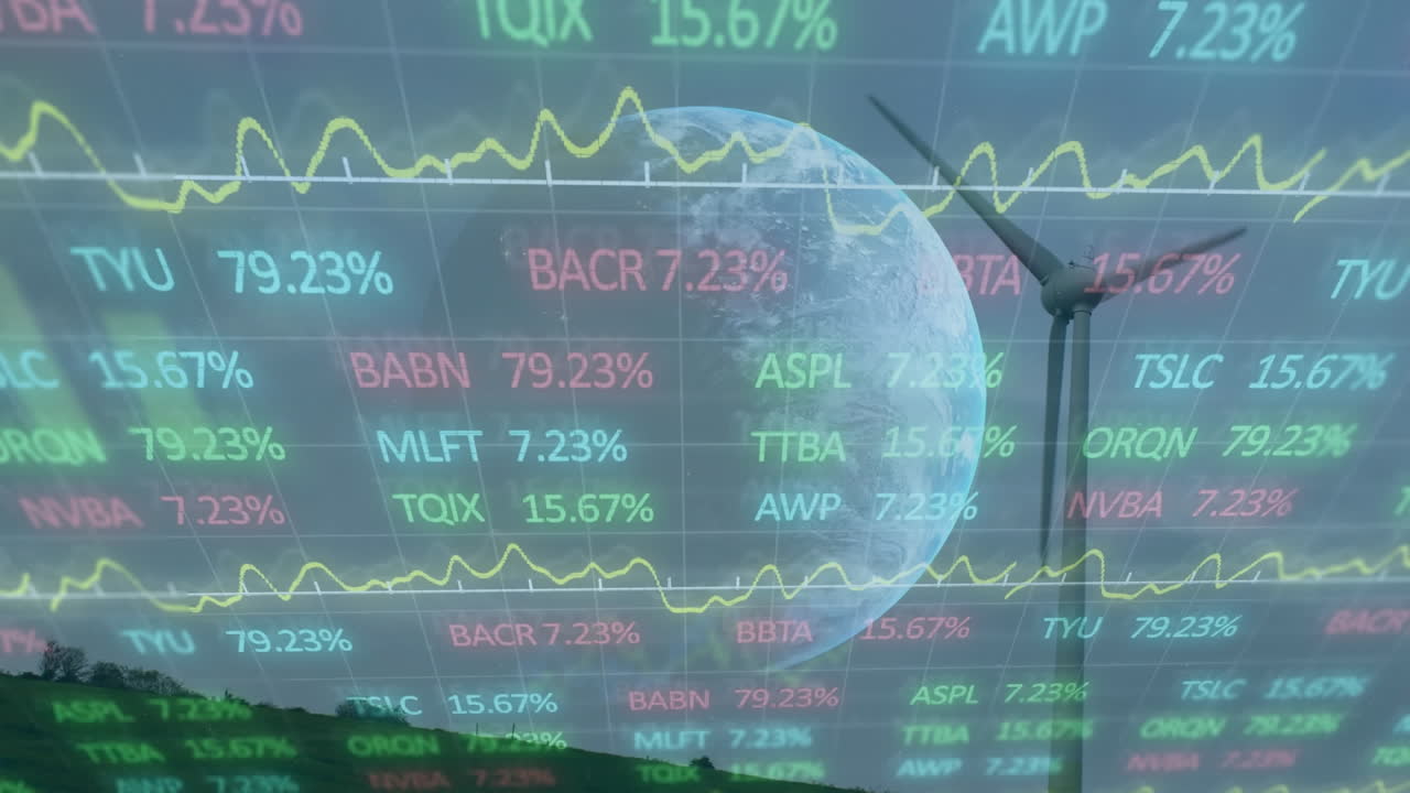 금융 데이터 처리의 애니메이션과 풍력 터빈 위의 지구