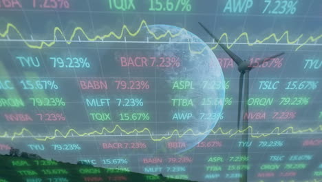 animación del procesamiento de datos financieros y el globo sobre la turbina eólica