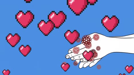빨간색 심장 아이콘과 파란색 배경에 손을  ⁇ 는 것에 대한 코로나19 세포