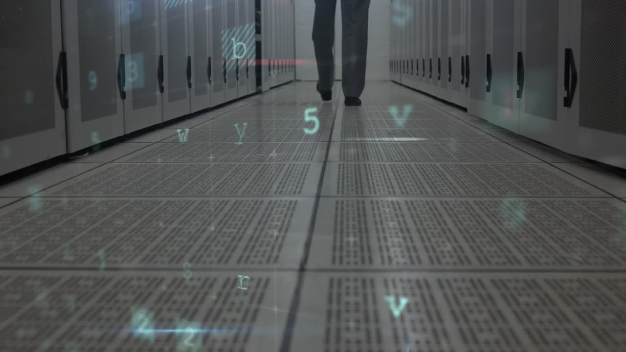 Animation of data processing with cyber attack warning over technician and computer servers