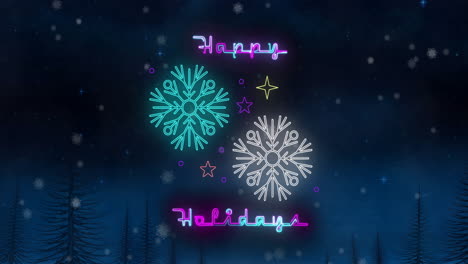animación de felices vacaciones texto de neón sobre copos de nieve en el fondo del paisaje de invierno