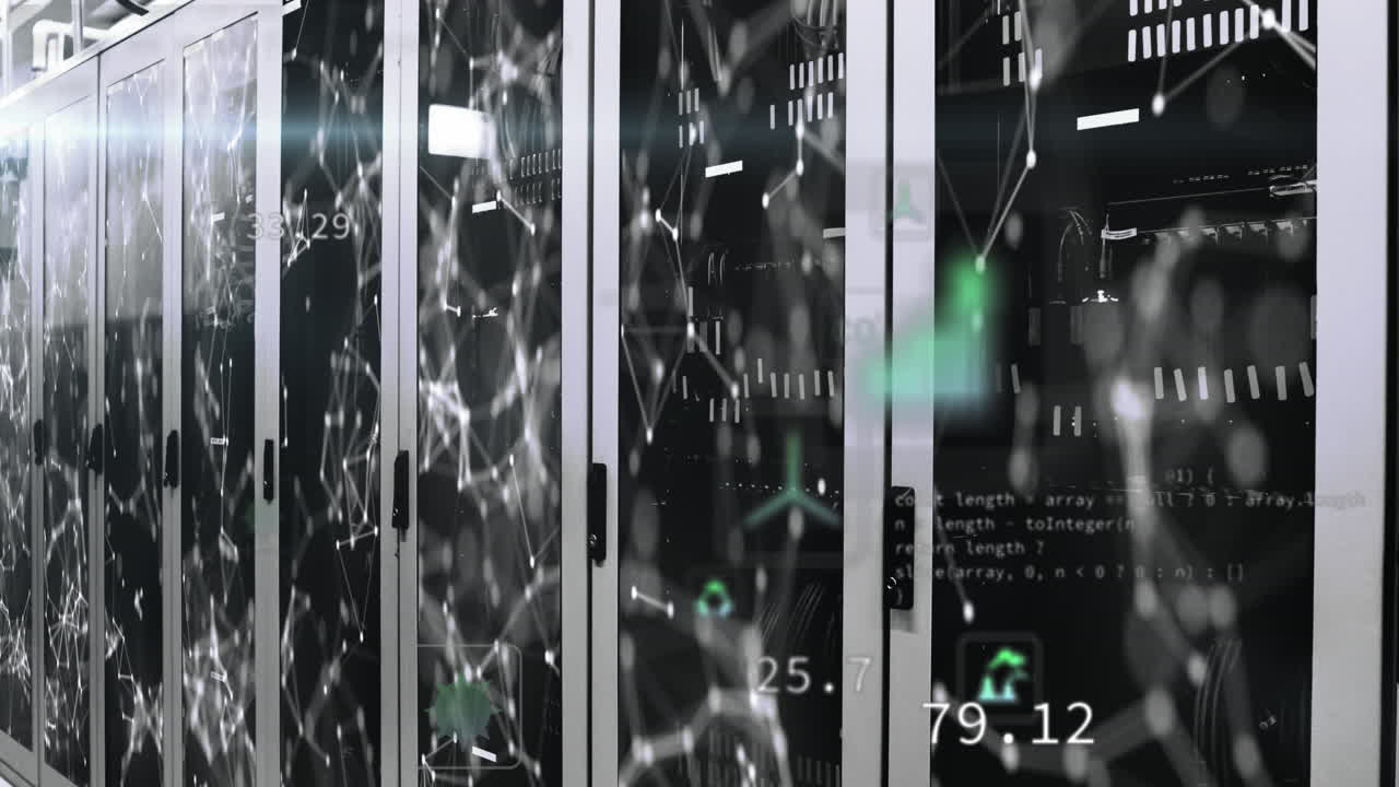 Animation of multiple icons with computer language and connected dots over data server racks