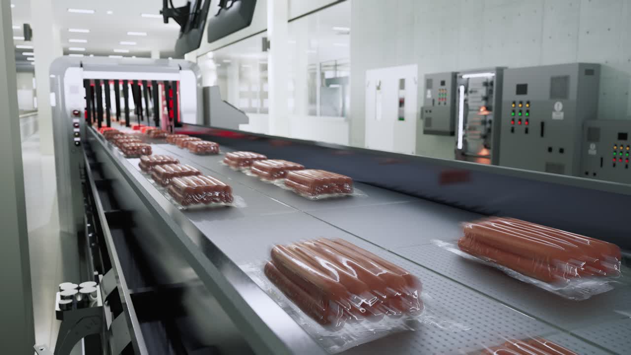 produzione di salsicce, vassoi di salsice confezionati su un nastro trasportatore in una fabbrica