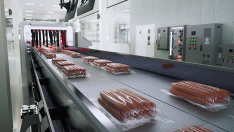 producción de salchichas, bandejas de salchicha envasadas en una cinta transportadora en una fábrica