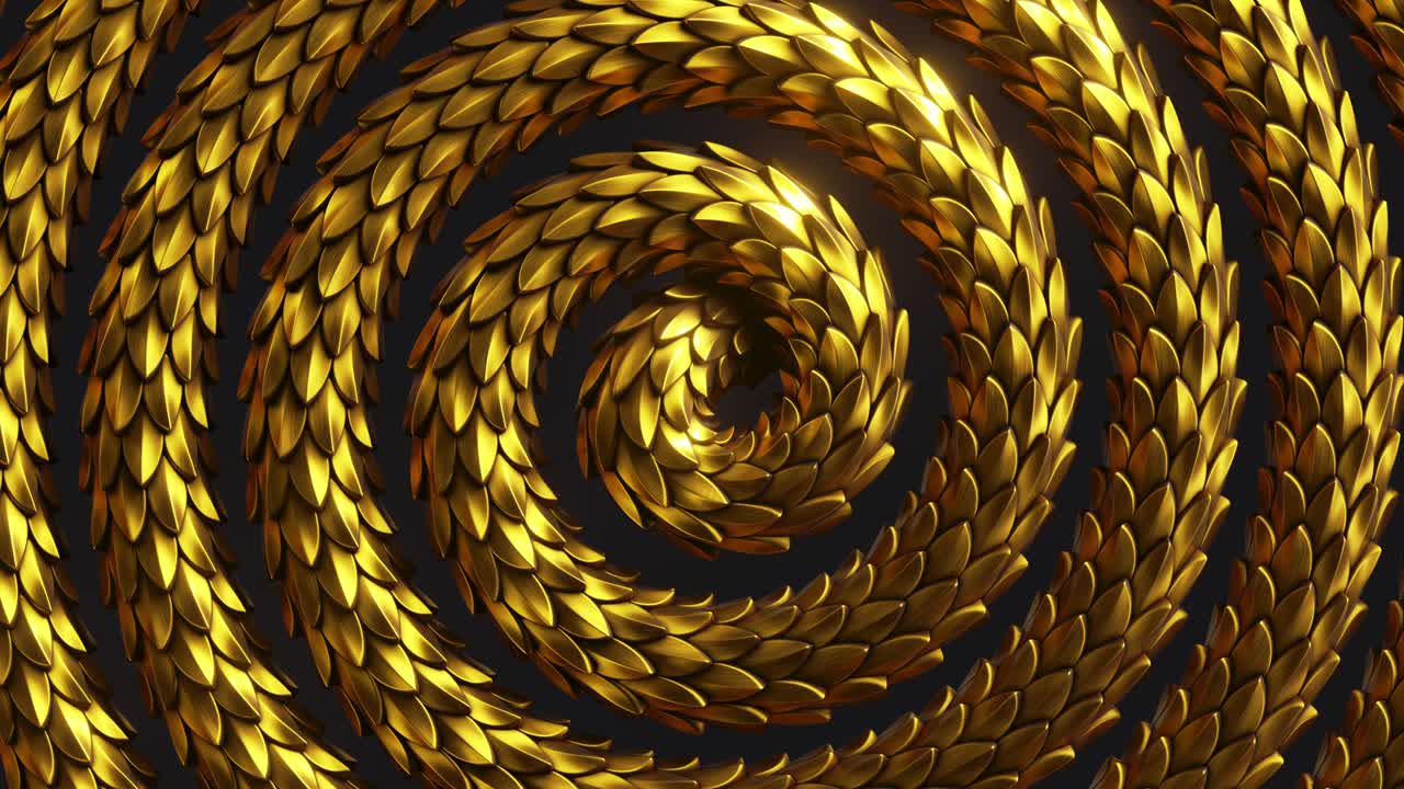 3d cycled animation, abstract fantasy background with spiral golden snake moving, shiny metallic dragon scales texture, animated wallpaper