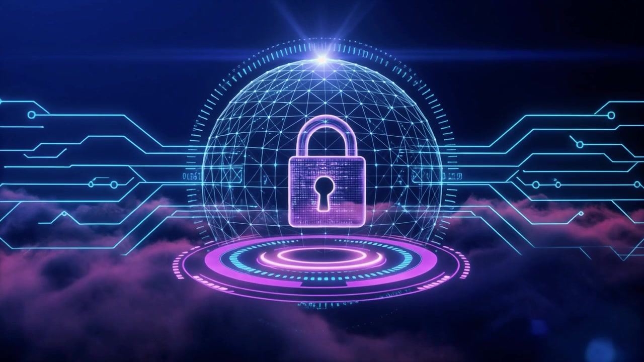 Digital Security Concept with Glowing Padlock and Circuitry