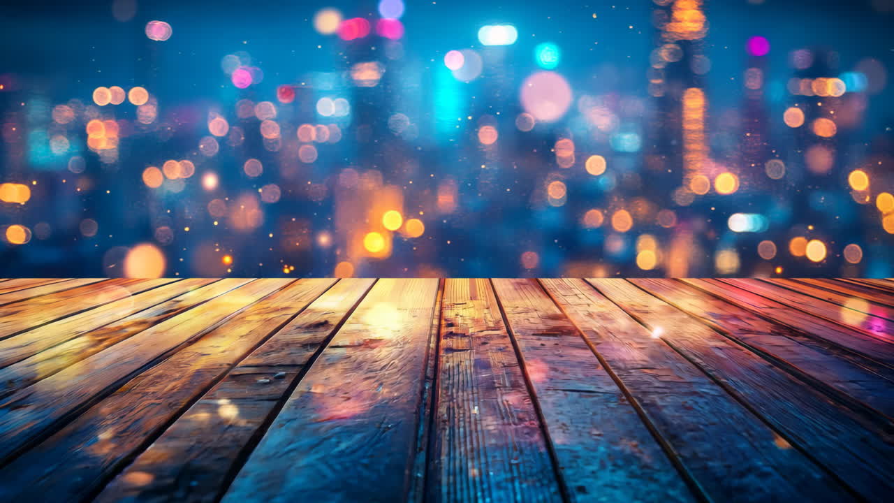 A city skyline is shown in the background with a wooden floor in the foreground. The sky is filled with lights, creating a moody and mysterious atmosphere