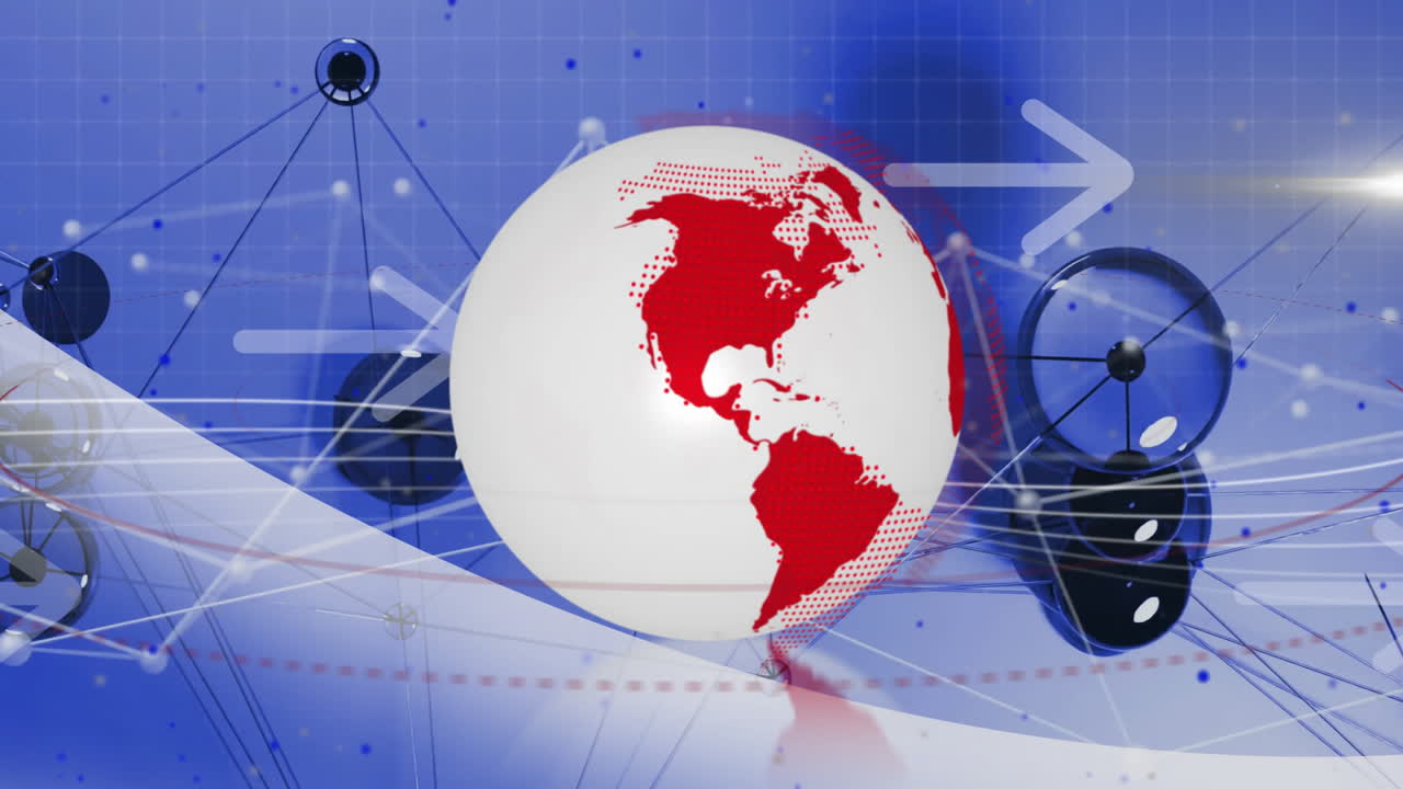 Animation of red and white globe with arrows and network on blue background
