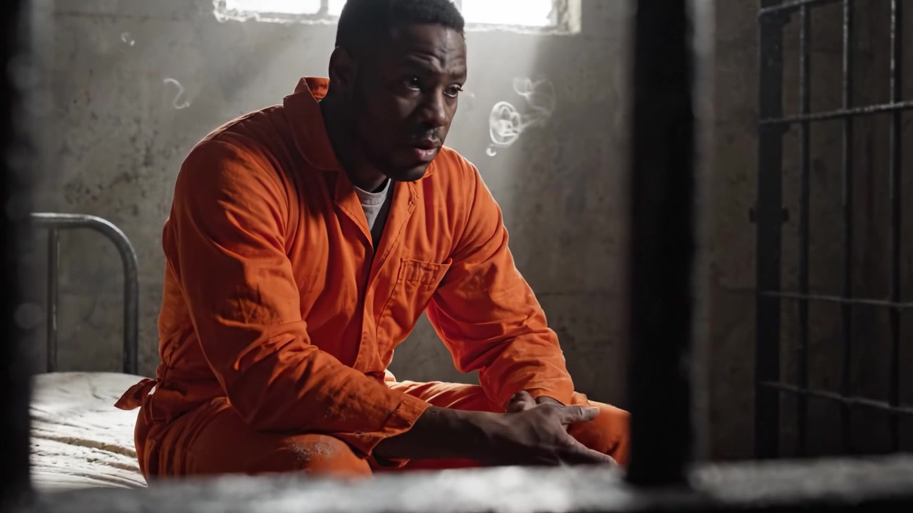 A solitary figure in an orange jumpsuit reflects on his circumstances, encapsulating feelings of despair and isolation within the stark confines of a prison cell.