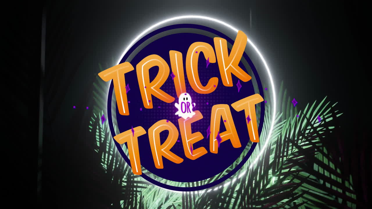 Ghost animation with Trick or Treat text, glowing circle, and palm leaves
