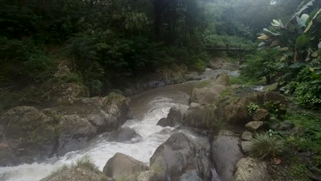 vuelo aéreo hacia adelante sobre la cascada tropical gitgit con arroyo entre la selva tropical en bali