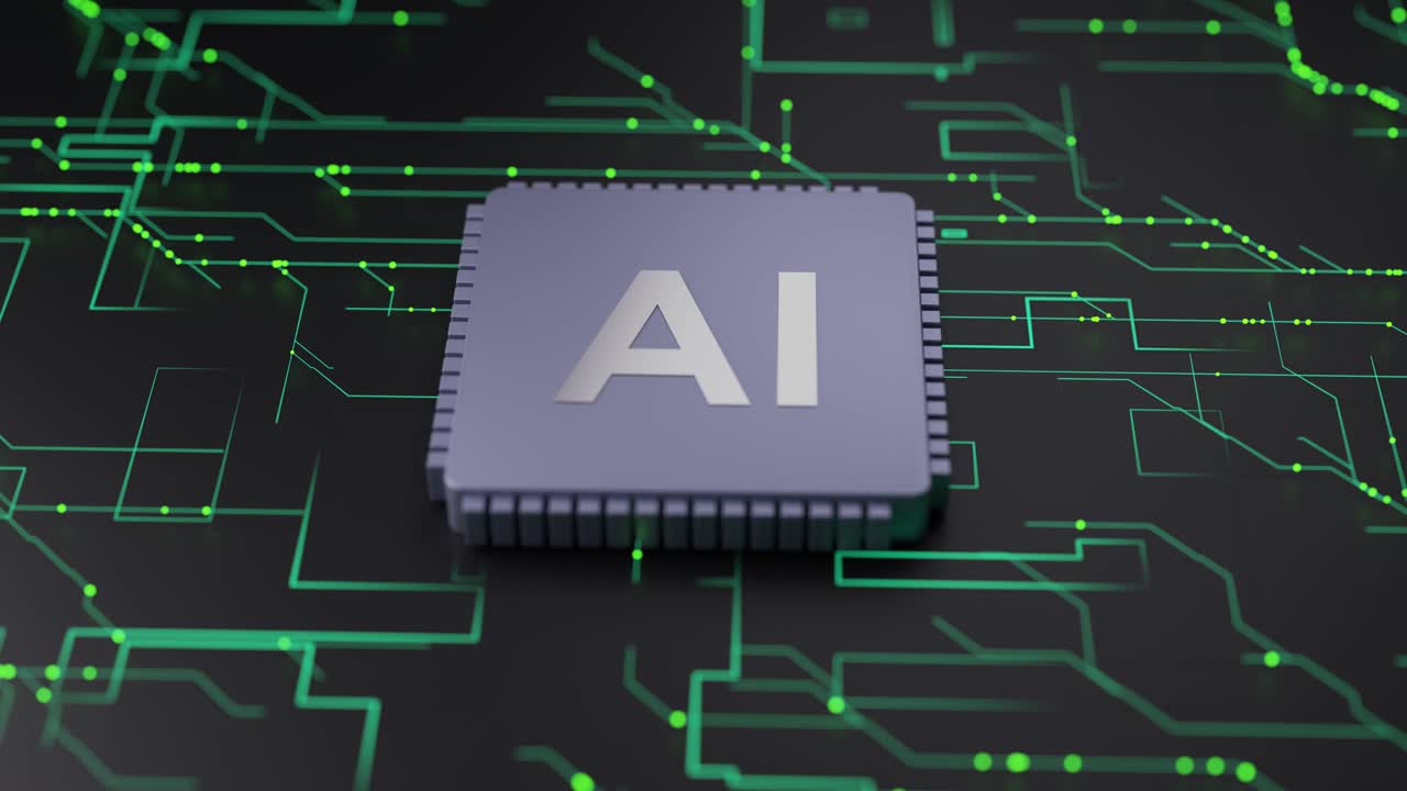 An artificial intelligence microchip processes data on a dark, intricate circuit board background. Glowing green lines illuminate, showing active data flow and a powerful digital network working