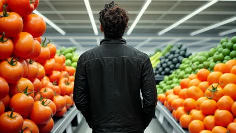 man observes colorful display of produce in a market setting