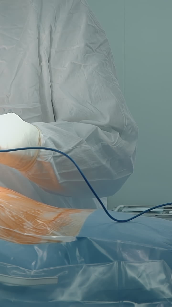 el médico utiliza el bisturí láser en el cuarto de cirugía de cerca. el cirujano cardiólogo corta los tejidos del cuerpo del paciente con un cortador en el hospital. cirugía de derivación de la arteria coronaria