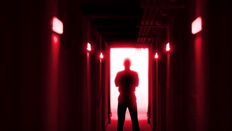 Animation-of-man-silhouette-standing-in-dark-corridor