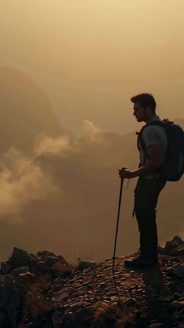 Video verticale: escursionista in piedi con maglietta e bastone su una cresta che scruta la valle mentre si alza la nebbia, spazio per il testo