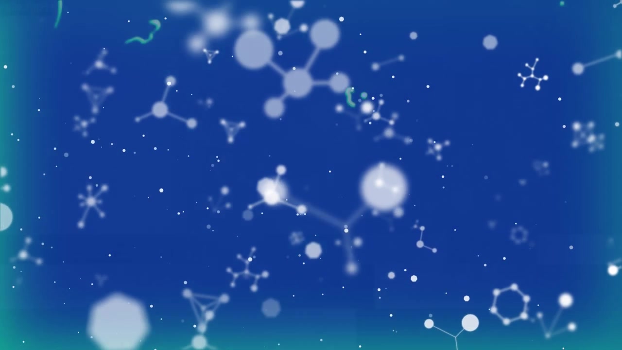 Animation of white molecules floating on blue background