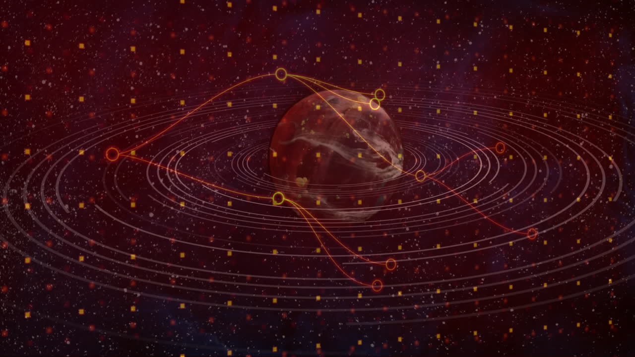 Planet surrounded by orbiting lines and digital connections in space animation