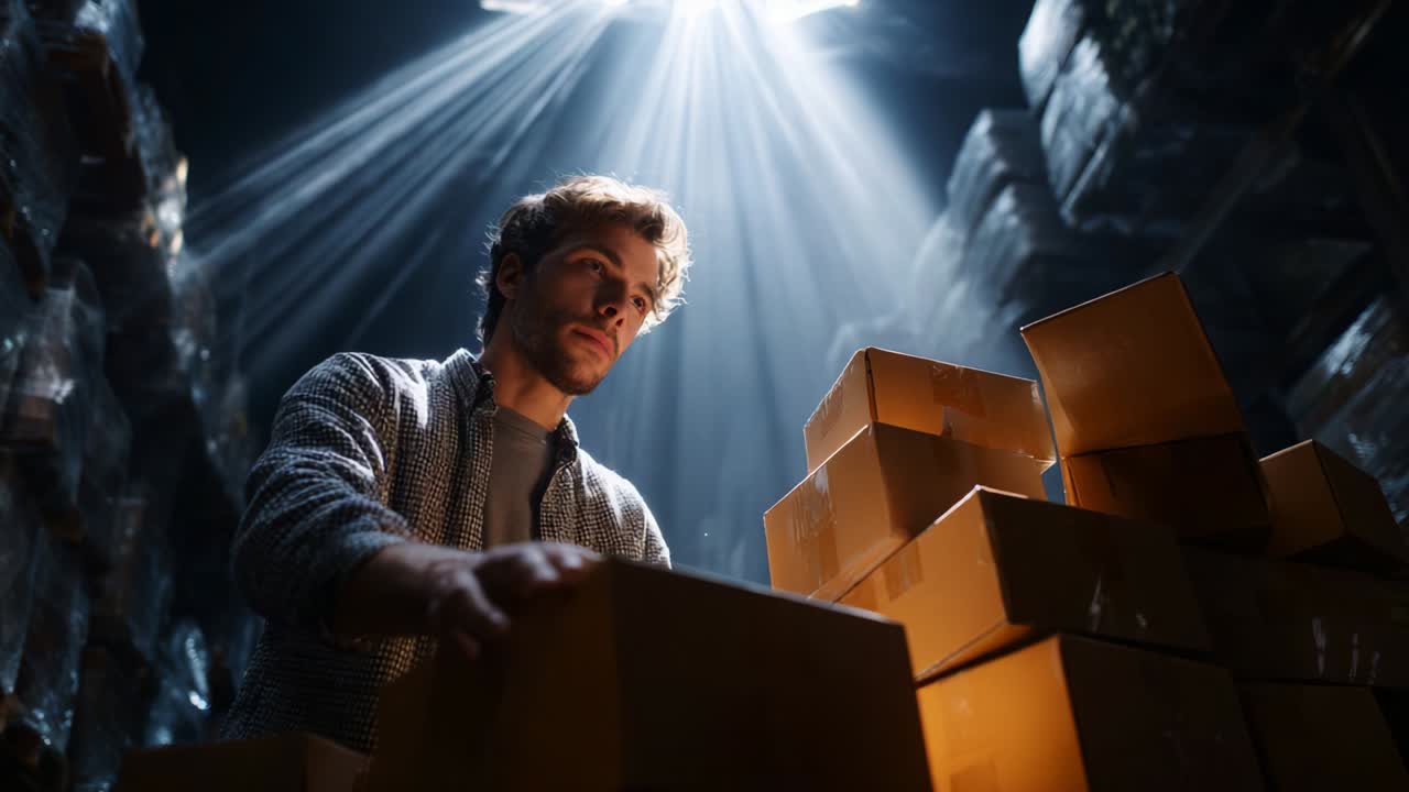 A focused man carefully arranging cardboard boxes in a dimly lit storage area, illuminated by beams of light, showcasing a moment of concentration and hard work amidst organized chaos