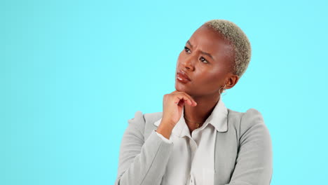 thinking, confused and black woman in studio