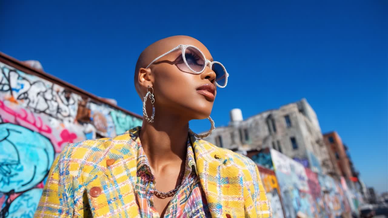 A striking portrait of a stylish woman with a shaved head, adorned in a vibrant checked yellow blazer and large sunglasses, confidently gazing into the distance against a colorful graffiti backdrop under a clear blue sky