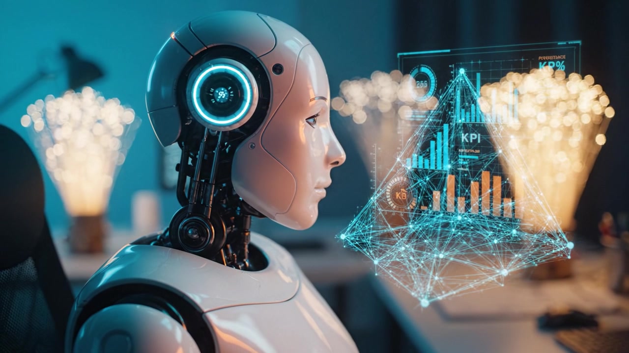 Futuristic Robot Technology: A Glimpse into Advanced AI with Data Visualization and Intelligent Design, Showcasing the Future of Robotics and Human Integration