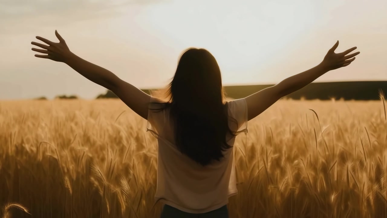 Mujer con los brazos extendidos en un campo de trigo dorado al atardecer
