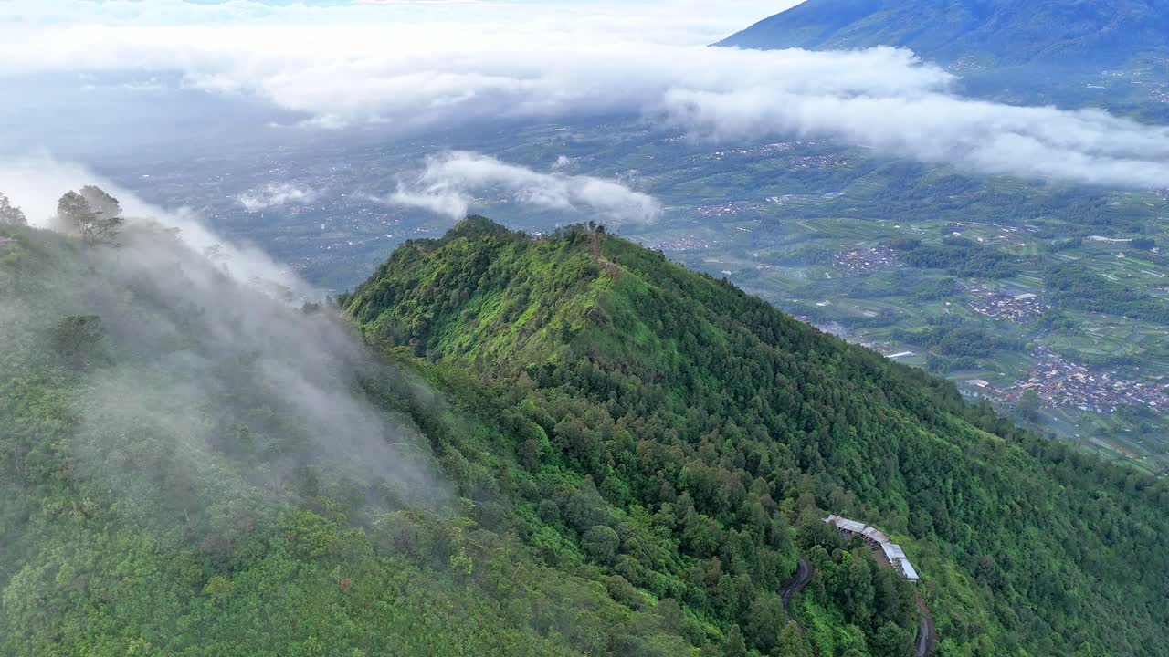 Aerial panoramic view of mist mountain forest. Epic amazing nature landscape.
