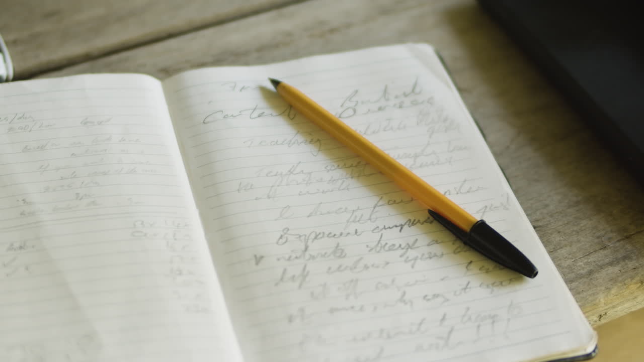 Close up pen and diary book with small illegible writing on wood desk