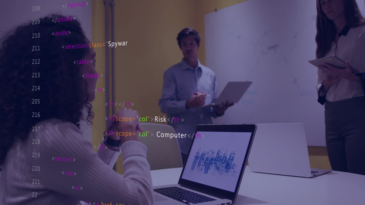 animación del procesamiento de datos financieros sobre diversas personas de negocios en la oficina