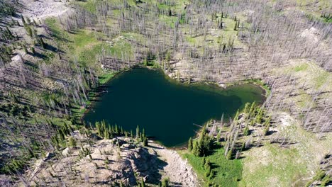 Drone-aerial-pulls-out-and-pans-up-from-a-remote-backcountry-lake-surrounded-by-dense-forest-trees