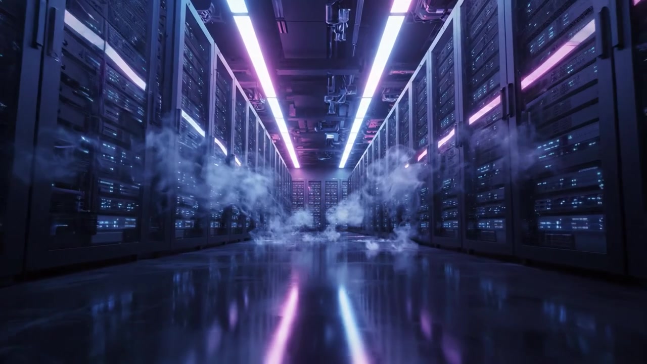 Het verkennen van het hart van technologie: Een adembenemend uitzicht op een moderne serverruimte, verlicht met dynamische verlichting, die geavanceerde hardware en geavanceerde infrastructuur toont.