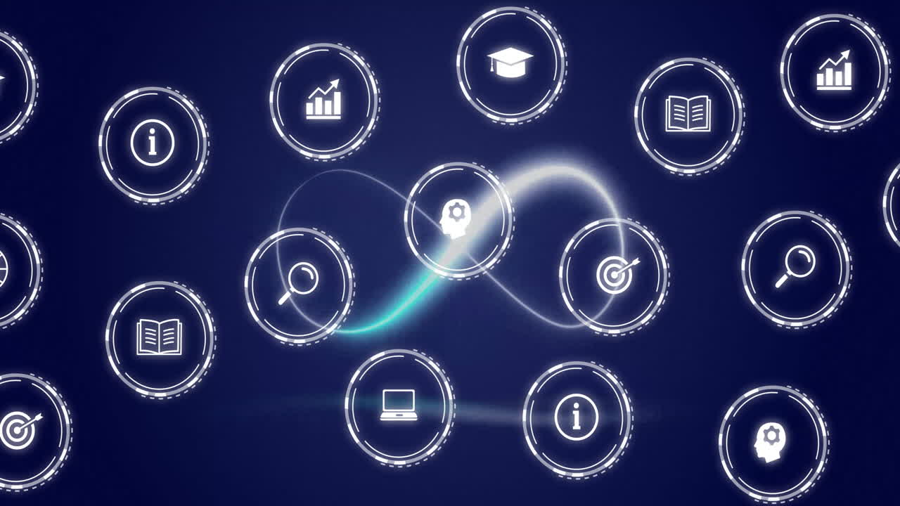 iconos que representan conceptos de educación e investigación conectados por líneas fluidas animación