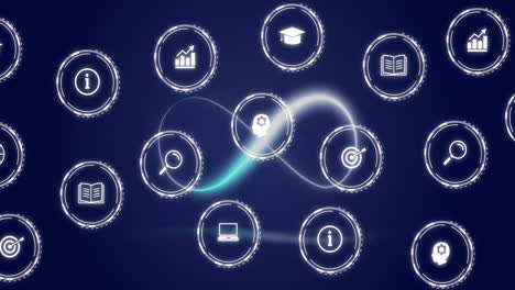 icons representing education and research concepts connected by flowing lines animation