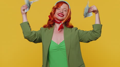 Redhead-girl-holding-cash-money-dollar-celebrate-dance,-success-business-career,-lottery-game-winner