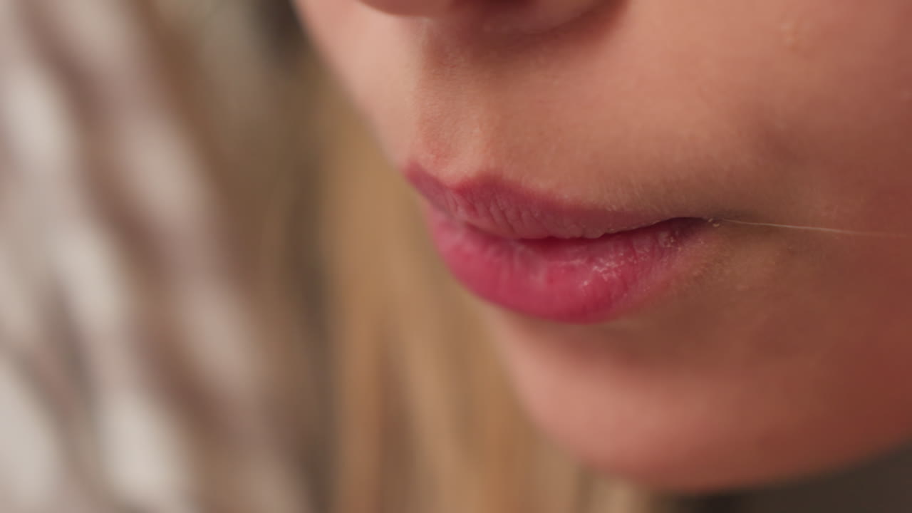 Close up of girl mouth blowing gentle breeze while adjusting hair with hands, soft blurred background, lips pursed, calm focus, breath drying fresh polish, intimate portrait detail suited for beauty
