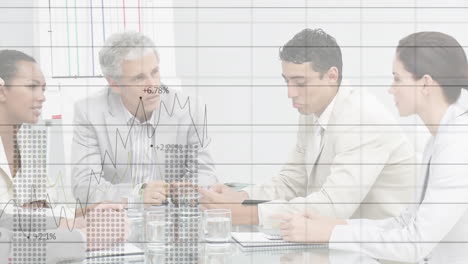animation of financial data processing over diverse business people in office