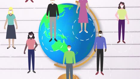 multiple people wearing face masks icons against spinning globe on white lined paper