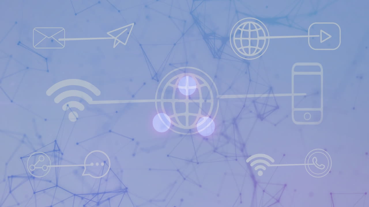 Animation of digital communication icons over network connections on blue background