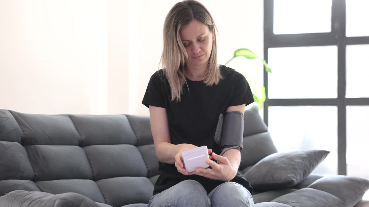 Woman measuring blood pressure at home