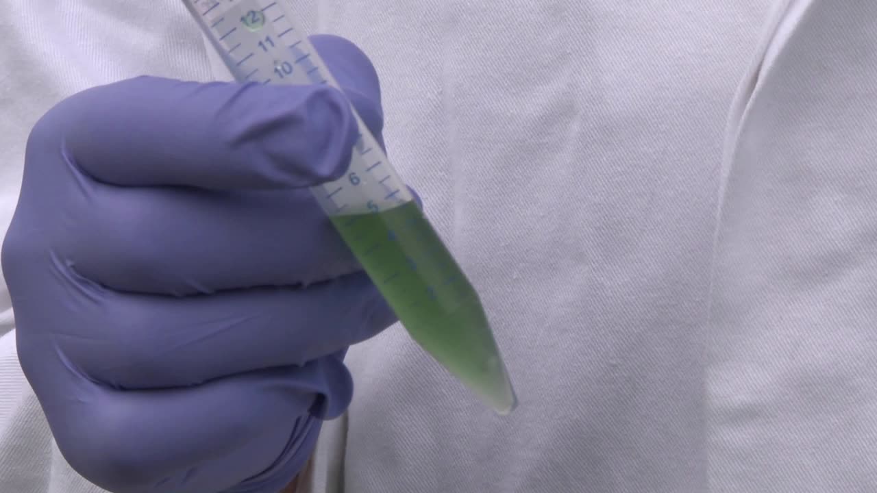 試験管に入っている謎の緑色の液体は、液体を動かしている科学者によって保持されています