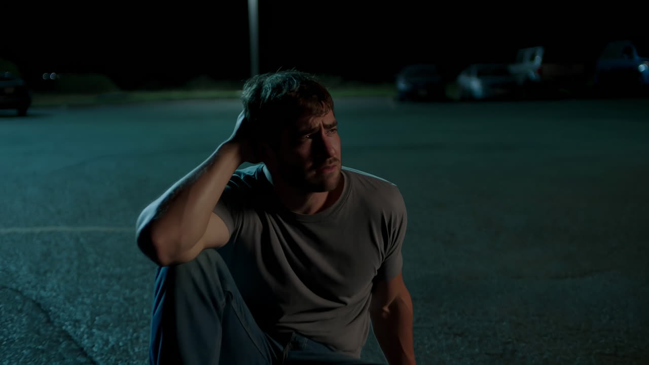 Distressed Young Man Sitting Alone in a Dark Parking Lot at Night