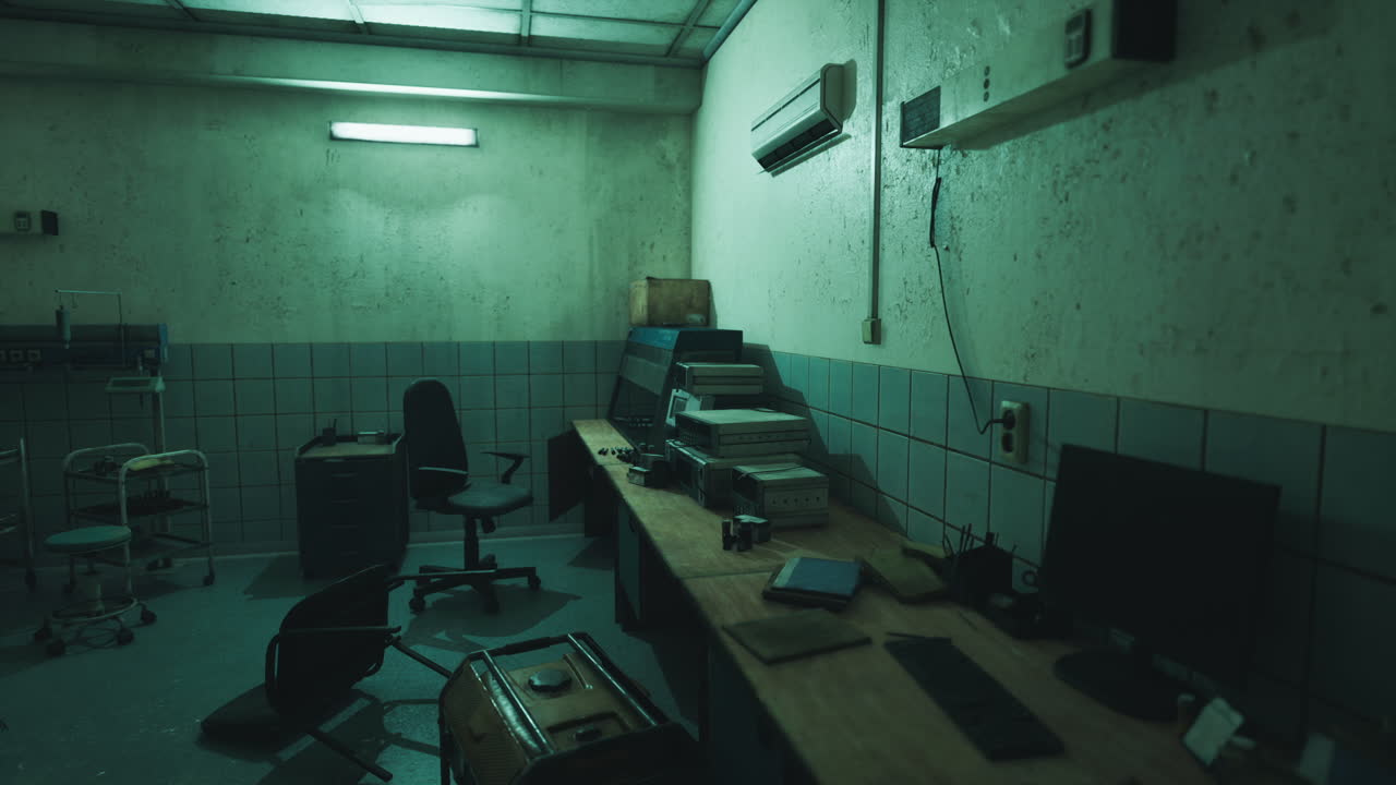 Abandoned office space with disordered furniture and dim lighting at night